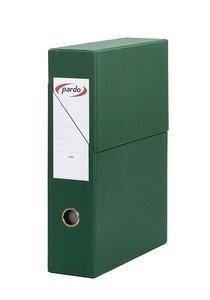 CAJA de TRANSFERENCIAS PARDO CARTON FORRADO PVC A4 ARCHIVADOR VERTICAL 8 cm VERDE