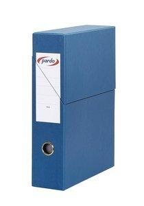 CAJA de TRANSFERENCIAS PARDO CARTON FORRADO PVC A4 ARCHIVADOR VERTICAL 8 cm AZUL