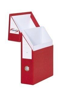 CAJA de TRANSFERENCIAS PARDO CARTON FORRADO PVC A4 ARCHIVADOR VERTICAL 8 cm ROJO