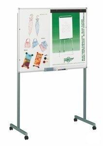 PIZARRA BLANCA FAIBO MAGNETICA VITRIFICADA 122x100 cm con SOPORTE METALICO con RUEDAS, PINZA para BLOCK y CAJETIN de 40 cm