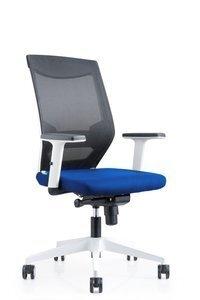 SILLA ROCADA BLANCA MECANISMO SINCRO SOPORTE LUMBAR RESPALDO Y BRAZOS REGULABLES EN ALTURA  TAPIZADO TELA IGNIFUGA AZUL