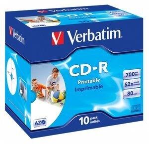 CD-ROM VERBATIM 700MB 52x JEWEL CASE 10 SUPER AZO IMPRIMIBLE INKJET NEUTRO (Incluye Canon LPI de 0.80  )