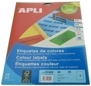 ETIQUETAS ADHE. IMPR. APLI 01602 20H A4 VERDE 210X297 /1602