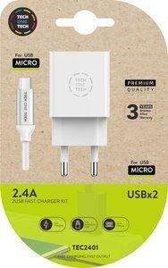 CARGADOR TECH-ONE-TECH DOBLE PARED BLANCO + CABLE USB-USB MICRO ALTO RENDIMIENTO 2,4A