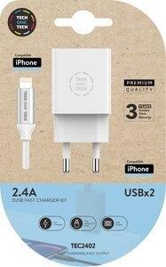 CARGADOR TECH-ONE-TECH DOBLE PARED BLANCO + CABLE USB-LIGHTNING ALTO RENDIMIENTO 2,4A