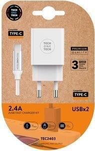 CARGADOR TECH-ONE-TECH DOBLE PARED BLANCO + CABLE USB-USB-C ALTO RENDIMIENTO 2,4A