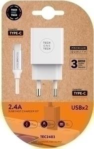 CARGADOR TECHONE DOBLE + CABLE USB-USB-C /TEC2403