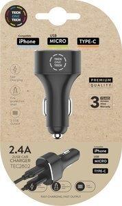 CARGADOR TECH-ONE-TECH DOBLE MECHERO COCHE 2xUSB NEGRO ALTO RENDIMIENTO 2,4A