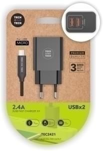 CARGADOR TECHONE DOBLE + CABLE MICRO-USB /TEC2421