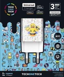 CARGADOR TECH-ONE-TECH DOBLE DE PARED 2xUSB EMOJITECH SMILE ALTO RENDIMIENTO 2,4A