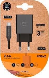 CARGADOR TECH-ONE-TECH DOBLE PARED NEGRO + CABLE USB-USB-C ALTO RENDIMIENTO 2,4A