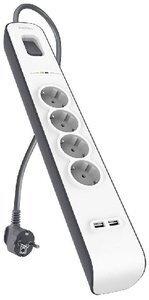 ENCHUFE PROTECTOR BELKIN 4 SALIDAS (REGLETA) +2x USB  CON PROTECCION CONTRA SOBRETENSIONES CABLE 2 METROS BLANCO/GRIS