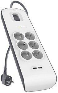 ENCHUFE PROTECTOR BELKIN 6 SALIDAS (REGLETA) +2x USB  CON PROTECCION CONTRA SOBRETENSIONES CABLE 2 METROS BLANCO/GRIS