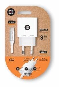 CARGADOR TECH-ONE-TECH PARED BLANCO + CABLE USB-C - USB-C ALTO RENDIMIENTO PD 20W