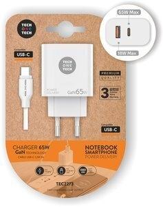 CARGADOR TECH-ONE-TECH DOBLE PARED BLANCO USB + USB-C + CABLE USB-C - USB-C ALTO RENDIMIENTO 65W