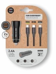 CARGADOR TECH-ONE-TECH DOBLE MECHERO COCHE 2xUSB NEGRO + CABLE TRIPLE (MICRO-USB. LIGHTNING, USB-C)